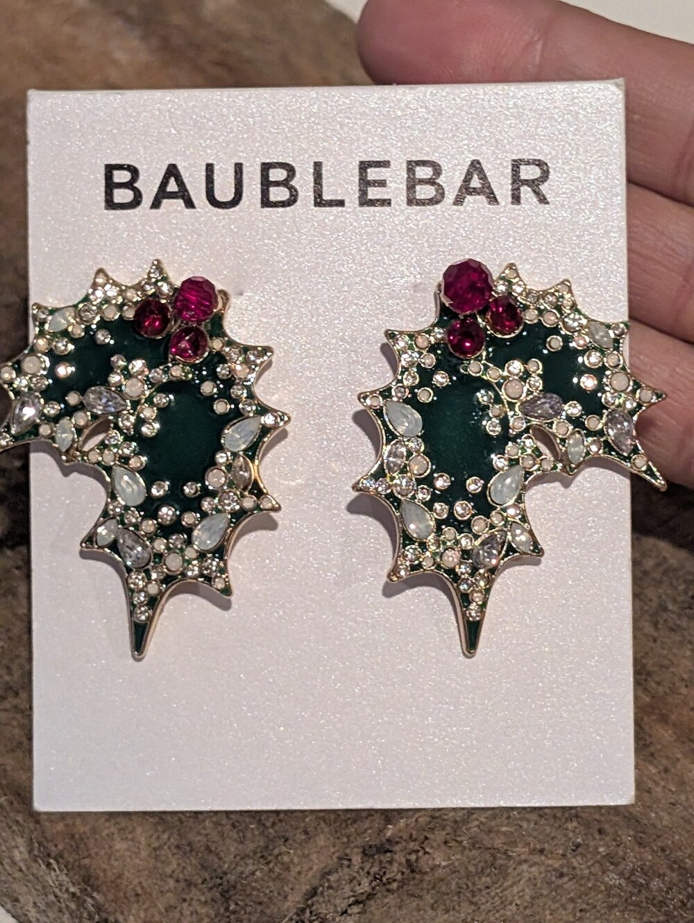 BaubleBar Dark Green Enamel and Ruby Crystal Holly Leaf Stud Earrings